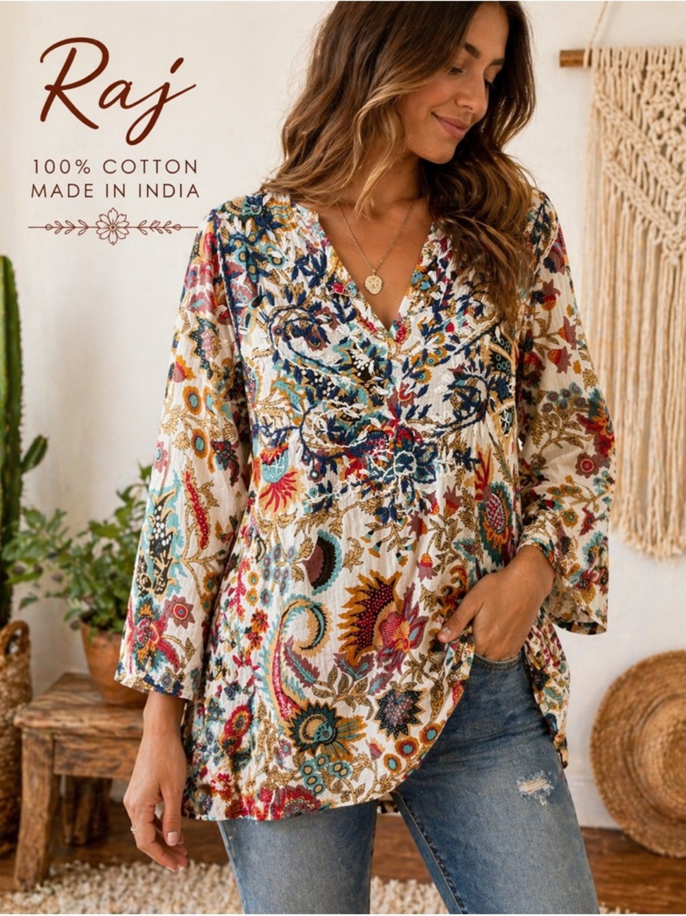 Raj Boho Embroidered Tunic Top Size Small Floral Cotton India Peasant Blouse